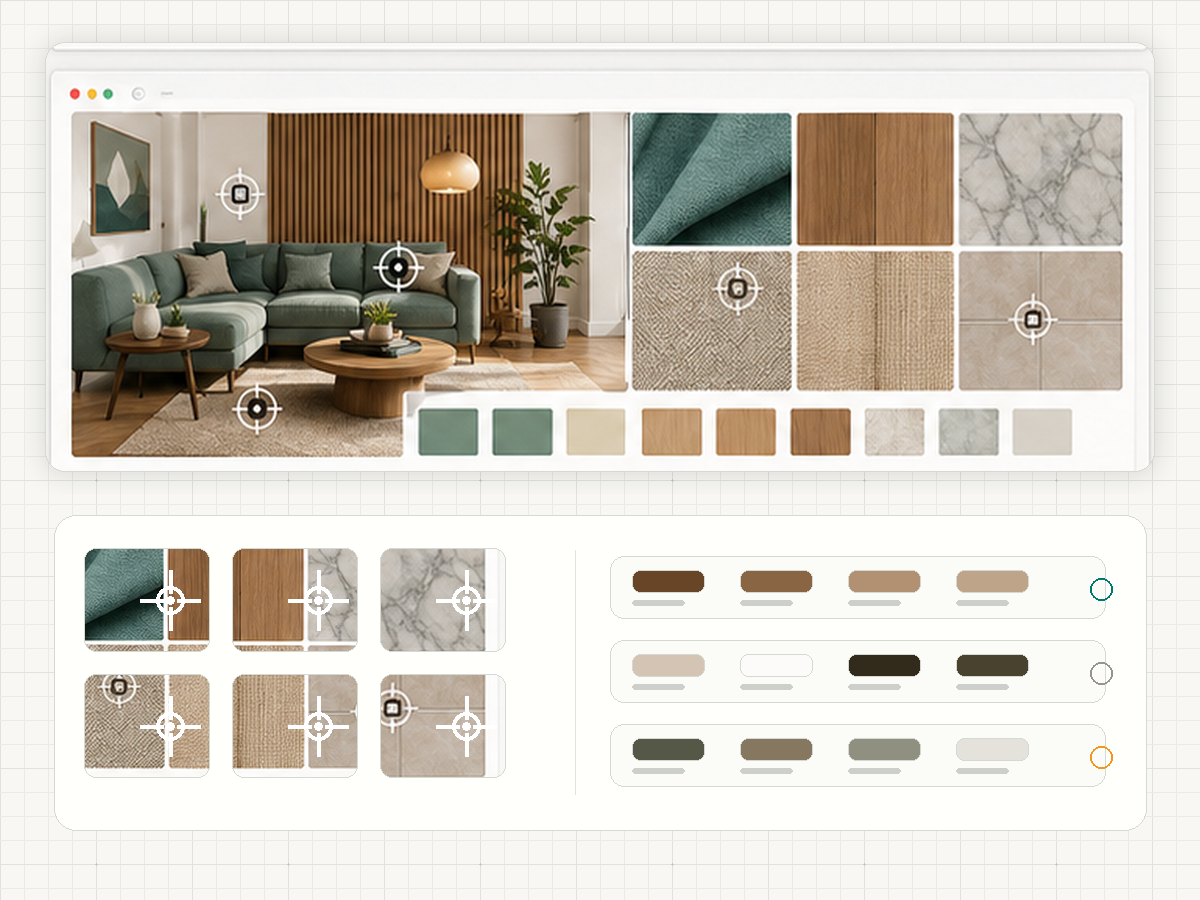 Interior material photo with fabric wood stone and paint samples converted into a palette