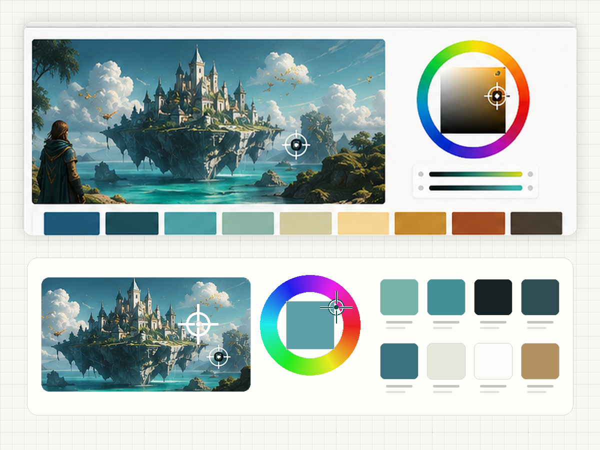 Digital fantasy art reference with sampled teal gold and neutral image palette